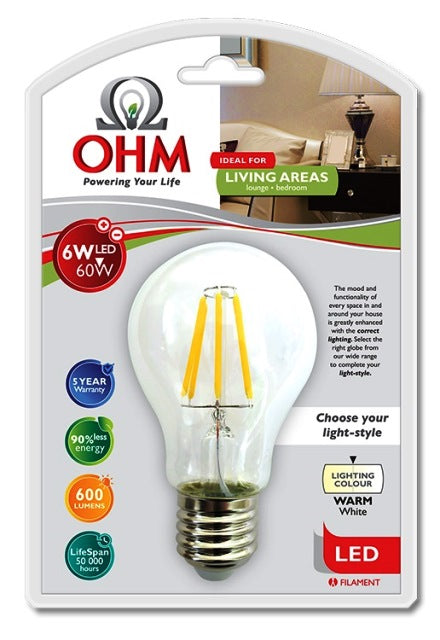 OHM LED A60 LED 6W FILAMENT GL WARM WHITE E27 ES