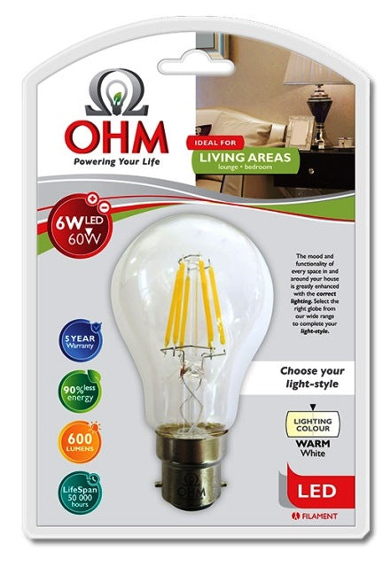 OHM LED A60 LED 6W FILAMENT GL WARM WHITE B22 BC