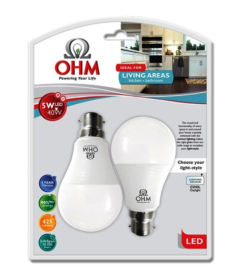 OHM LED A60 5W GLOBE CDL B22 BC 2PACK