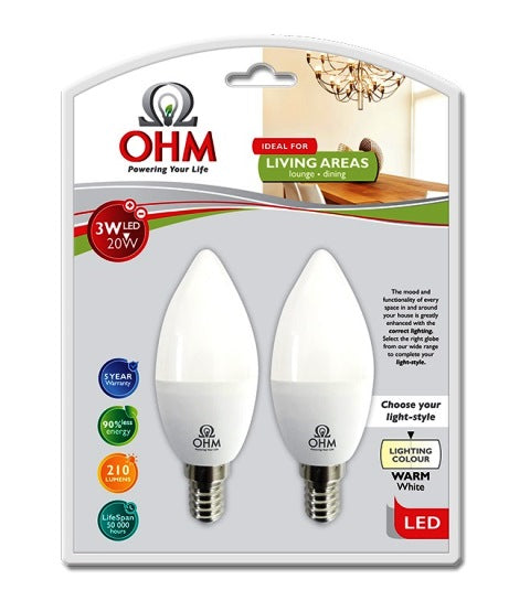 OHM LED 3W CANDLE GLOBE WARM WHITE E14 SES 2PACK