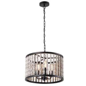 Brightstar PEN821 Matt Black Metal and Wood Bead 3-Light Pendant, 410mm