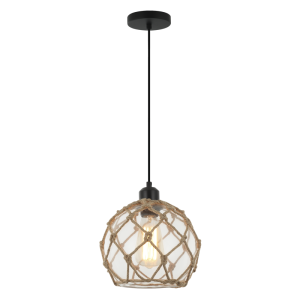 Brightstar PEN846 Matt Black Metal Pendant with Clear Glass and Rope