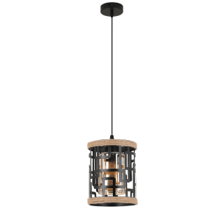 Brightstar PEN938 Black Metal and Rope Pendant Light with Amber Inner Glass