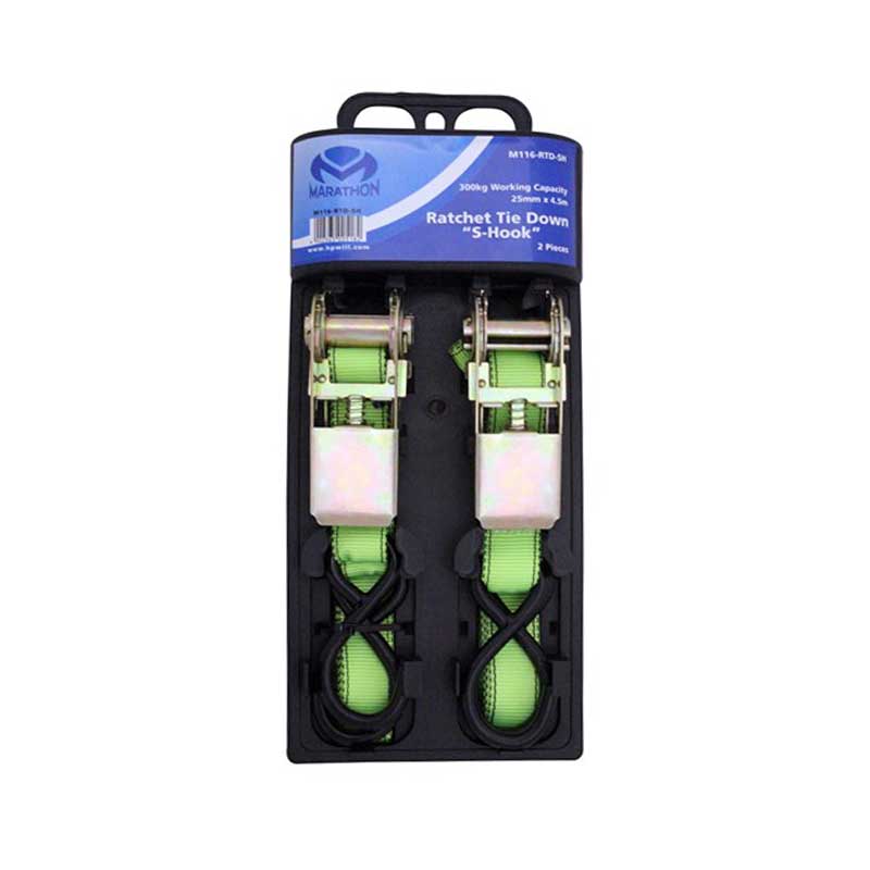 RATCHET TIE DOWN MARATHON S-HOOK 2PCE 25MM X 5MT M116-RTD-SH