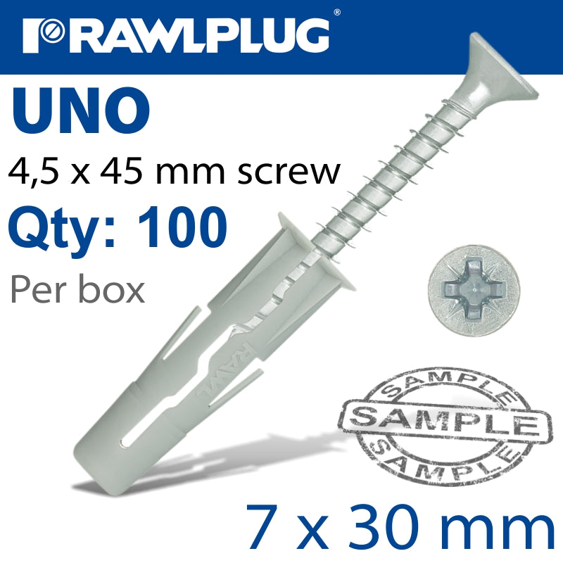 Uno Universal Plugs 7Mm X 30Mm With Screw 45Mm Box Of 100