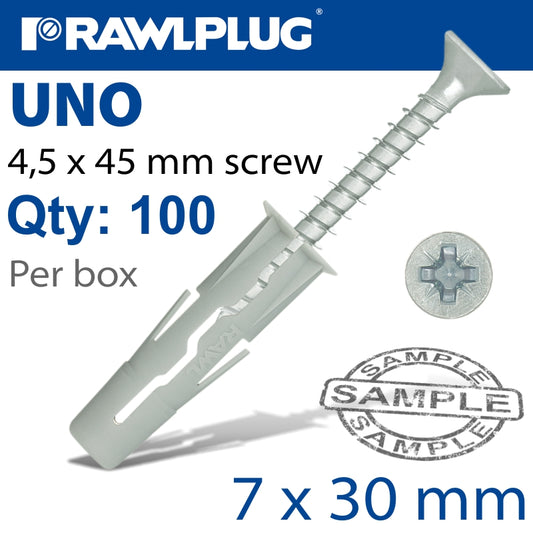 Uno Universal Plugs 7Mm X 30Mm With Screw 45Mm Box Of 100