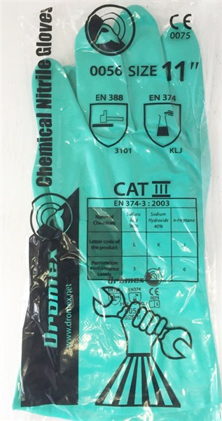 GLOVES NITRILE GREEN FLOCK LINED CHEM/SOLV 33CM SIZE 9 G033
