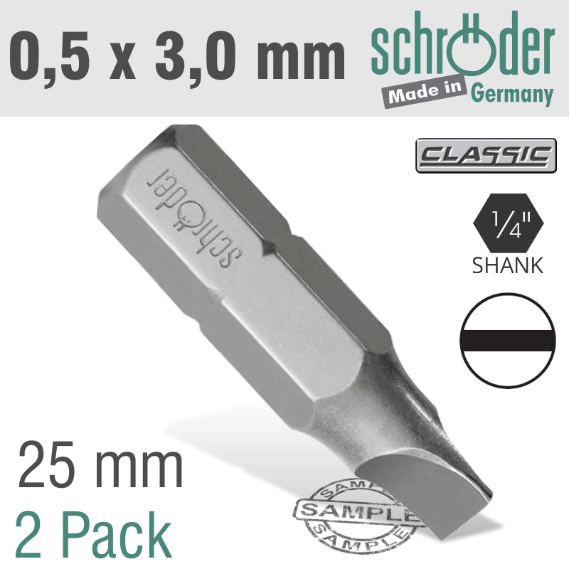 Schroder Slotted Bit 0.5X3Mm 25Mm 2Cd