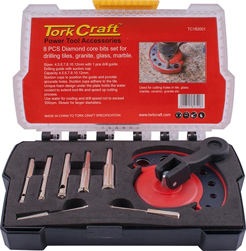 Tork Craft Diamond Core Bit Set 8Pce & Drill Guide 4-5-6-7-8-10-12
