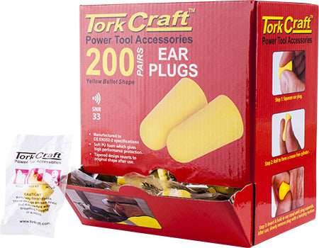 TORK CRAFT EAR PLUG 200PC BULLET SHAPE SNR33 YELLOW PER BOX