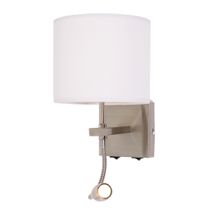 Brightstar WB032/2 Satin Chrome Wall Bracket with White Shade, Gooseneck LED Arm, and Dual Switches