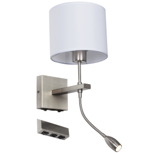 Brightstar WB171/2 USB Satin Chrome Wall Bracket with White Fabric Shade, Gooseneck LED Arm, and Dual Switches