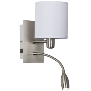 Brightstar WB172/2 Satin Chrome Wall Bracket with White Fabric Shade, Gooseneck LED, and USB Charging Port