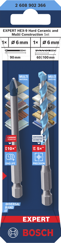 EXPERT HEX-9 Hard Ceramic and Multi Construction Drill Bit Set